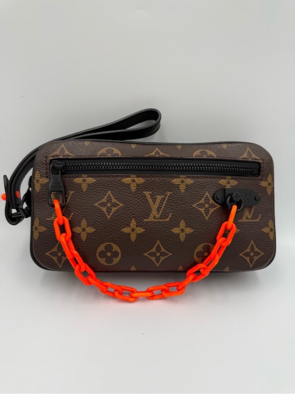 Louis Vuitton Brown Monogram Volga Wristlet with Neon Orange Chain Accent
